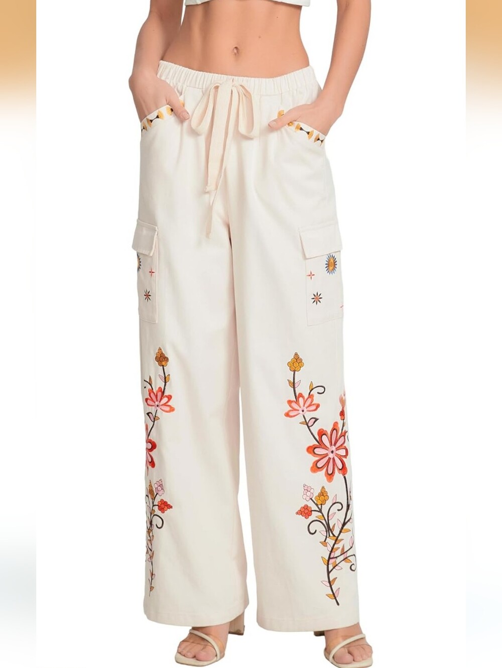 Cotton Embroidered Straight Leg Pants Loose Fit Elastic Waist Casual